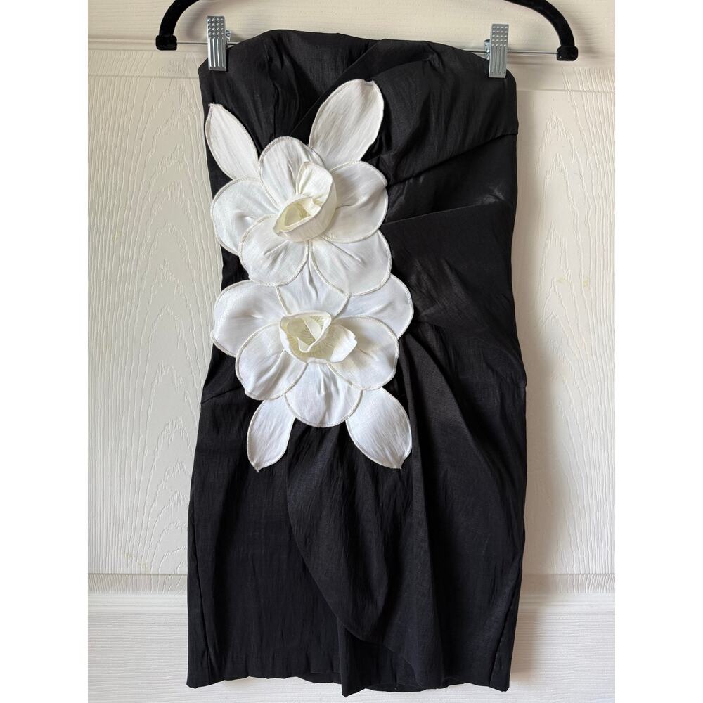 My Michelle Strapless Black Cocktail Dress White Floral Statement Appliqué Sz 1